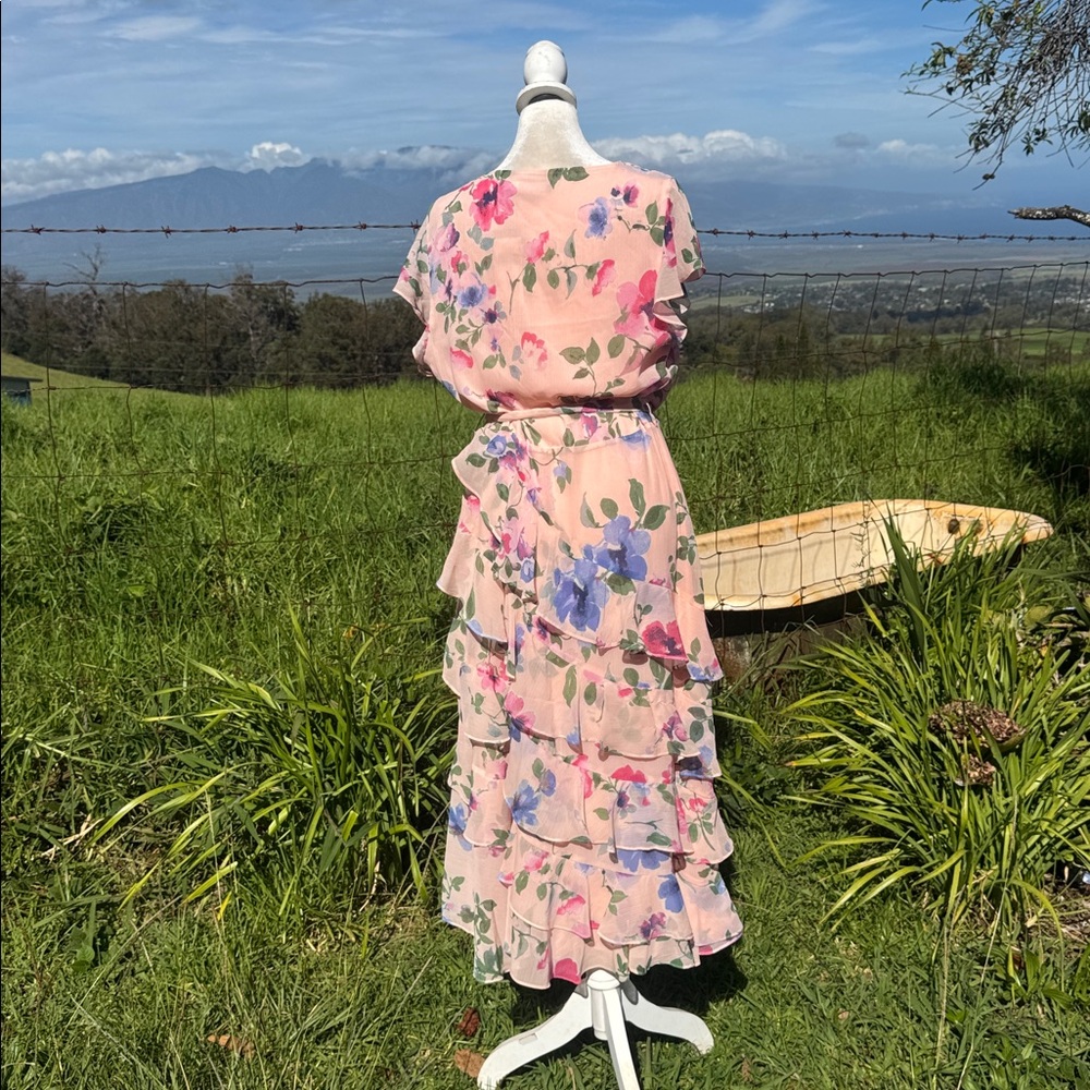 NWT Lauren Ralph Lauren Floral Belted Crinkle Georgette Dress Ruffle Pink 12 - Picture 5 of 8
